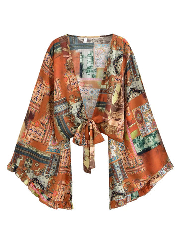 Sunset Rhapsody Boho Paisley Print Long Sleeve Crop Top