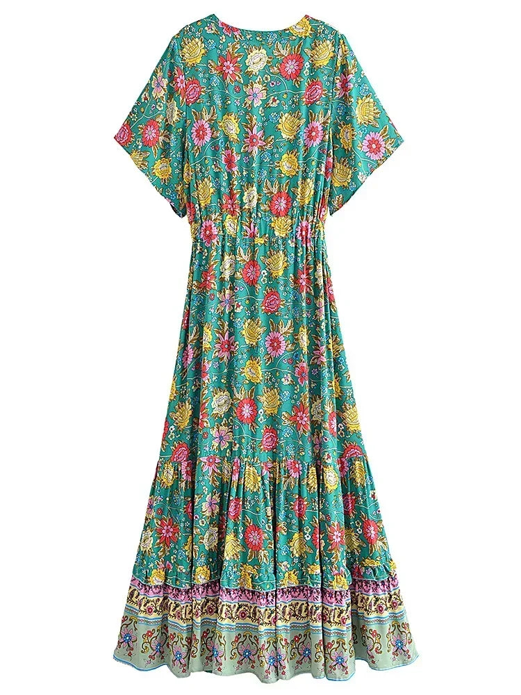 Teal Blooms Boho Floral Print Maxi Dress