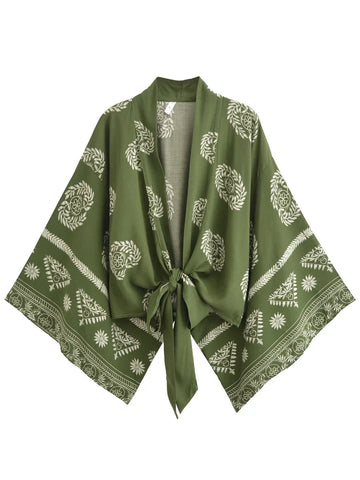 Sagewood Green Boho Floral Print Crop Top