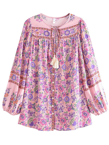 Pink Whisper Boho Floral Print Long Sleeve Blouse