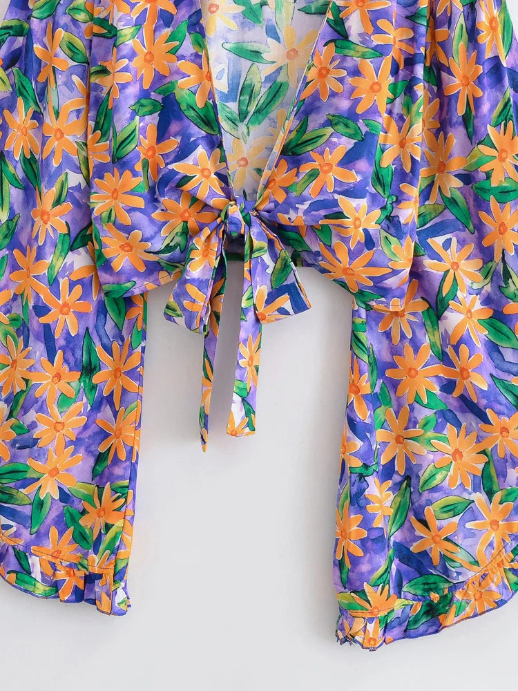 Violet Romance Boho Floral Print Long Sleeve Crop Top