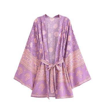 Lavender Rose Boho Floral Print Short Robe