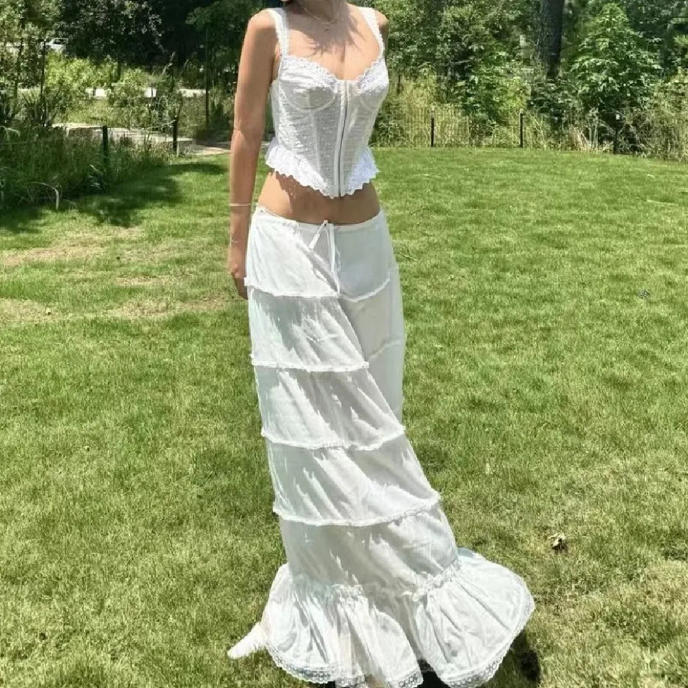 Heavenly White Boho Ruffle Maxi Skirt