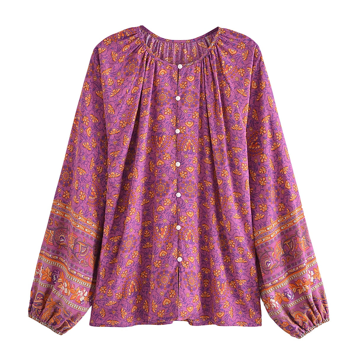 Forever Fuchsia Boho Floral Print Long Sleeve Blouse