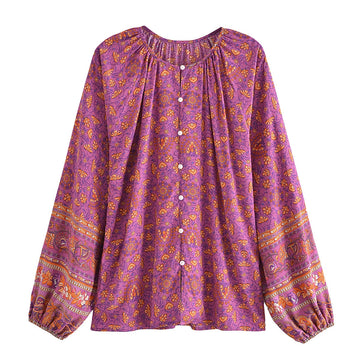 Forever Fuchsia Boho Floral Print Long Sleeve Blouse