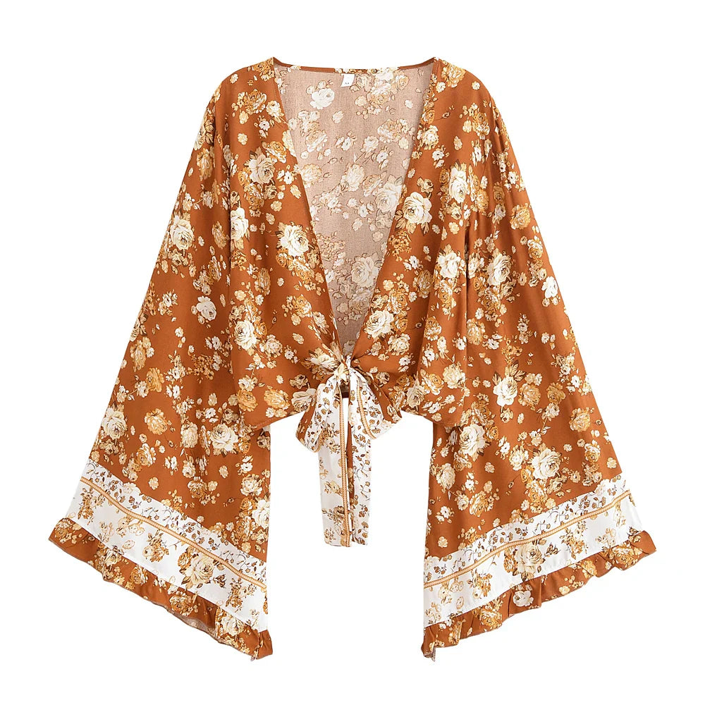 Spiced Honey Boho Floral Print Long Sleeve Crop Top