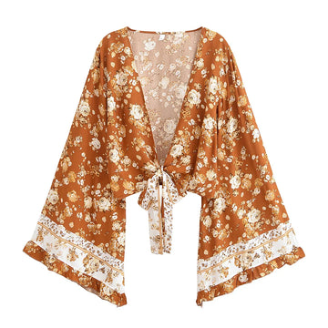 Spiced Honey Boho Floral Print Long Sleeve Crop Top