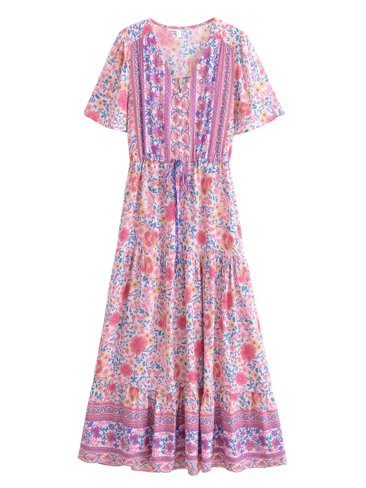 Dreamy Rose Pink Boho Floral Print Maxi Dress