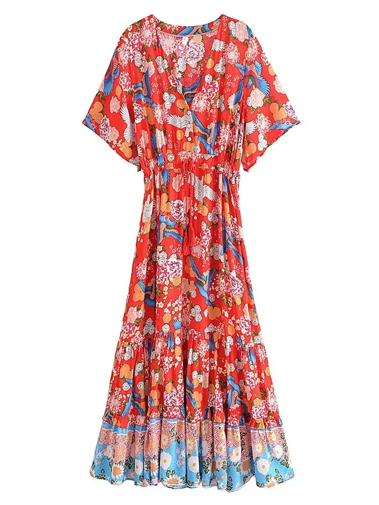 Red Freebird Boho Floral Print Maxi Dress