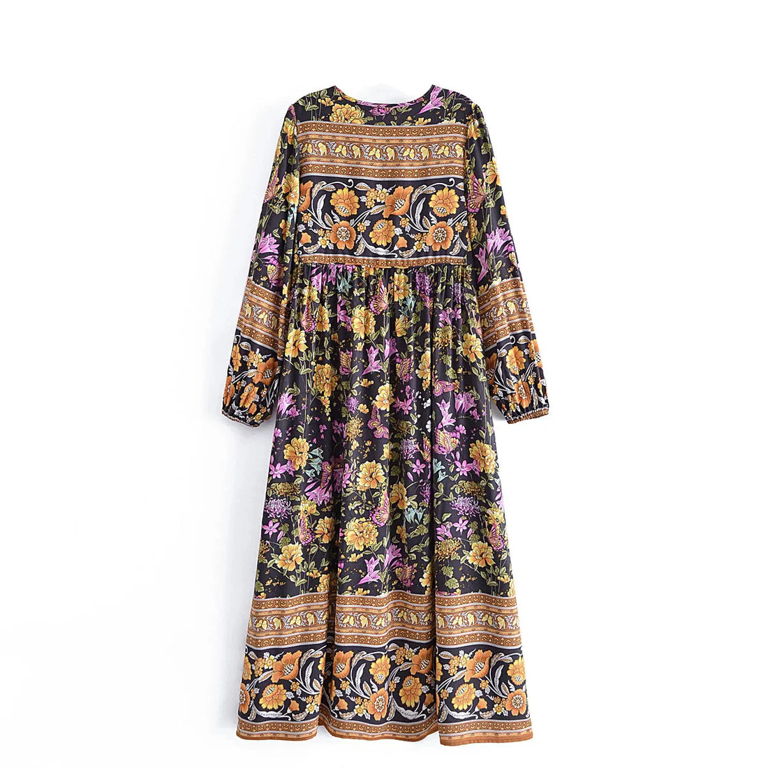 Black Butterfly Boho Floral Print Long Sleeve Maxi Dress