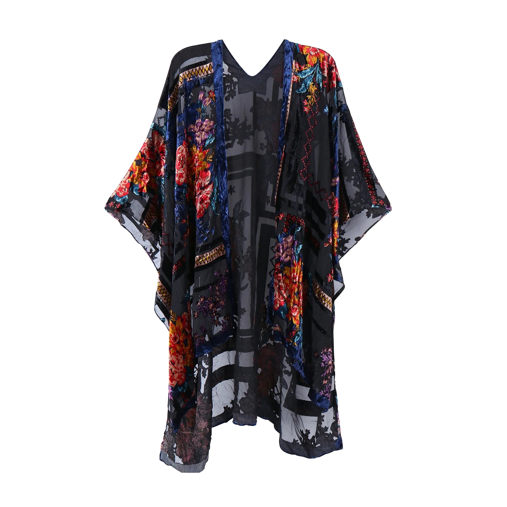 Dark Enchantment Floral Print Velvet Burnout Kimono