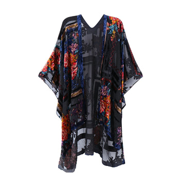Dark Enchantment Floral Print Velvet Burnout Kimono
