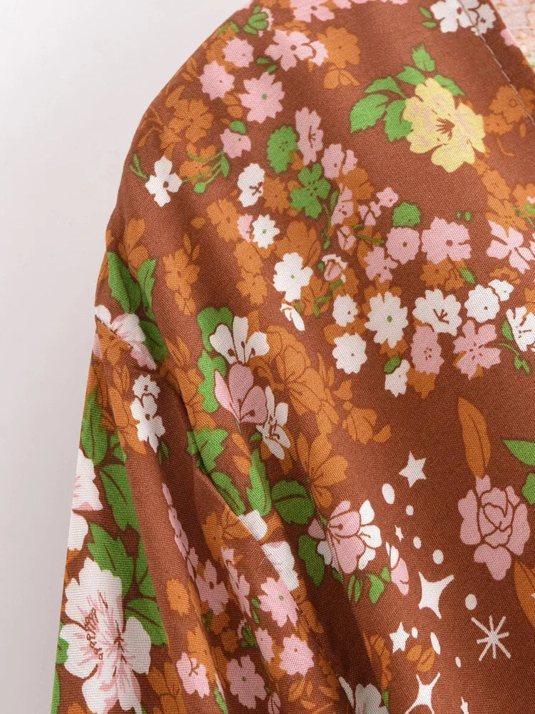 Rustic Bloom Boho Floral Print Long Sleeve Crop Top