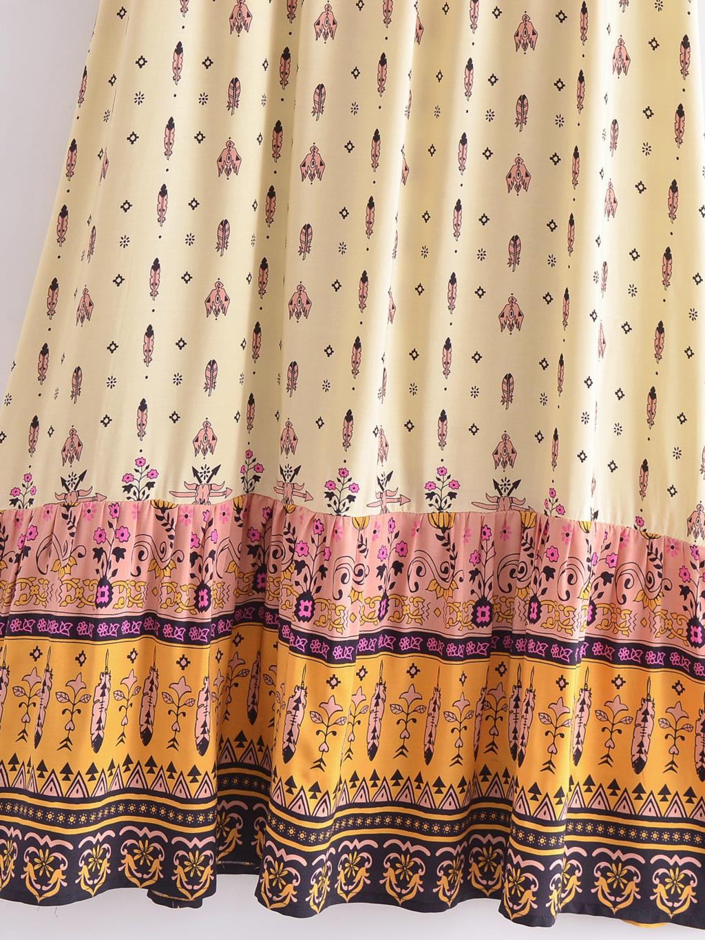 Gypsy Feather Floral Print Boho Maxi Skirt