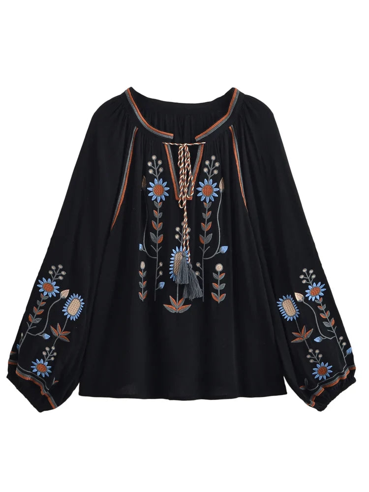 Dusky Bloom Floral Embroidered Long Sleeve Blouse