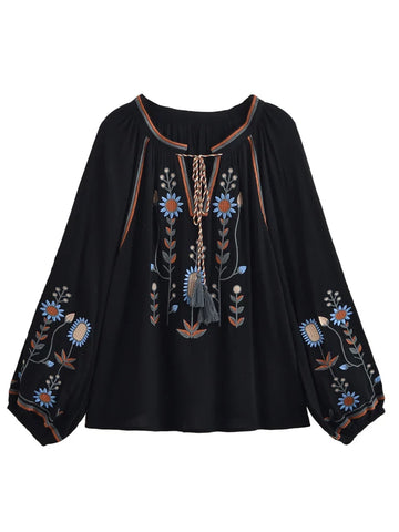 Dusky Bloom Floral Embroidered Long Sleeve Blouse