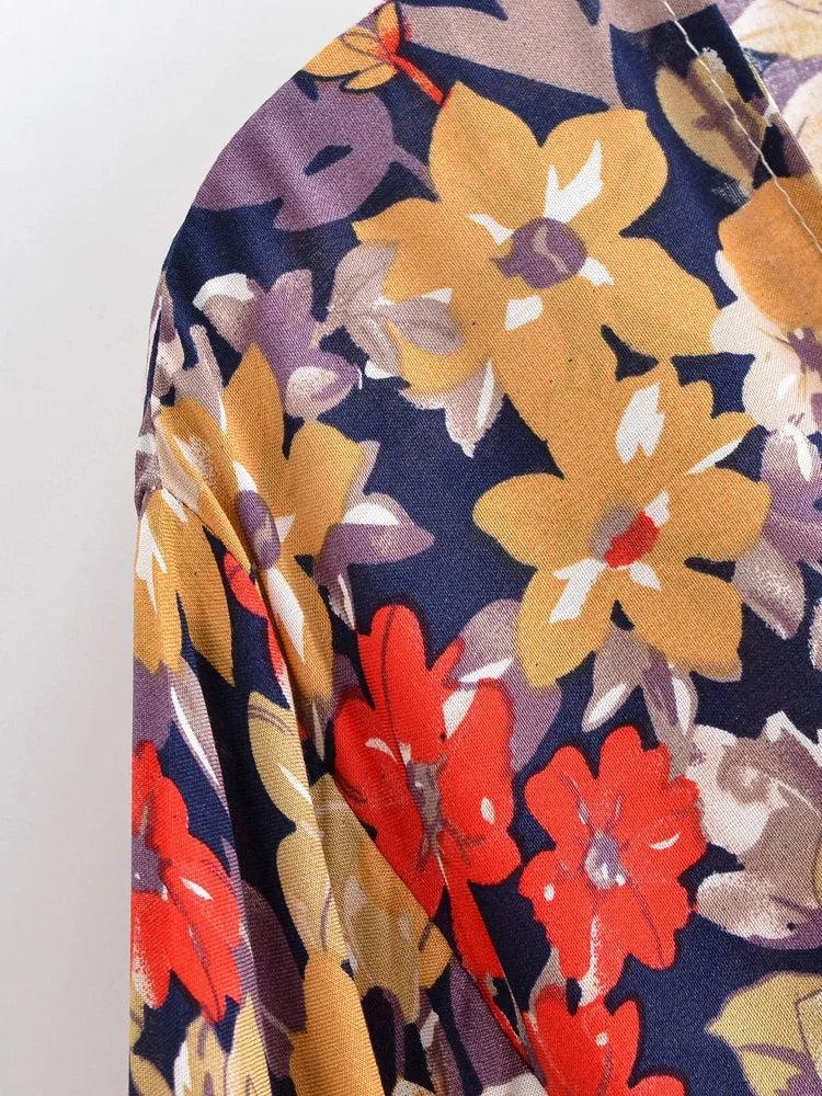 Golden Twilight Boho Floral Print Long Sleeve Crop Top