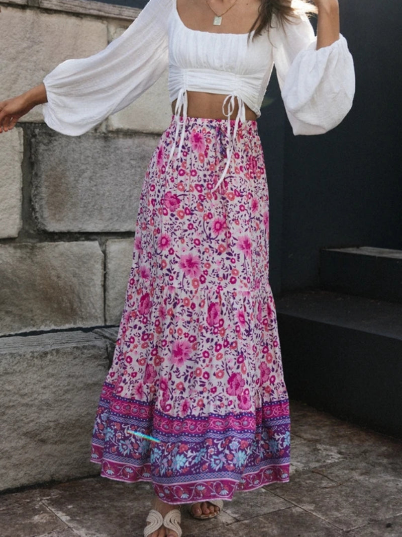 Pink Violet Floral Print Boho Maxi Skirt