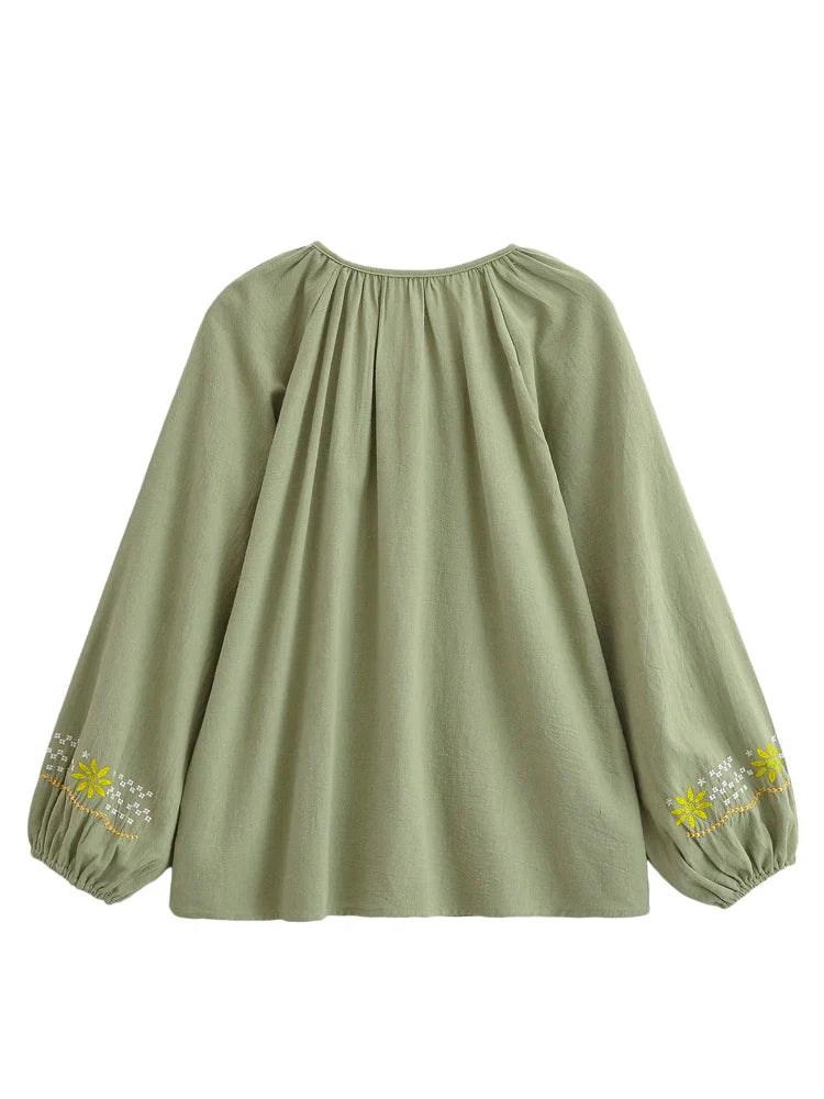 Moss Sage Floral Embroidered Long Sleeve Blouse