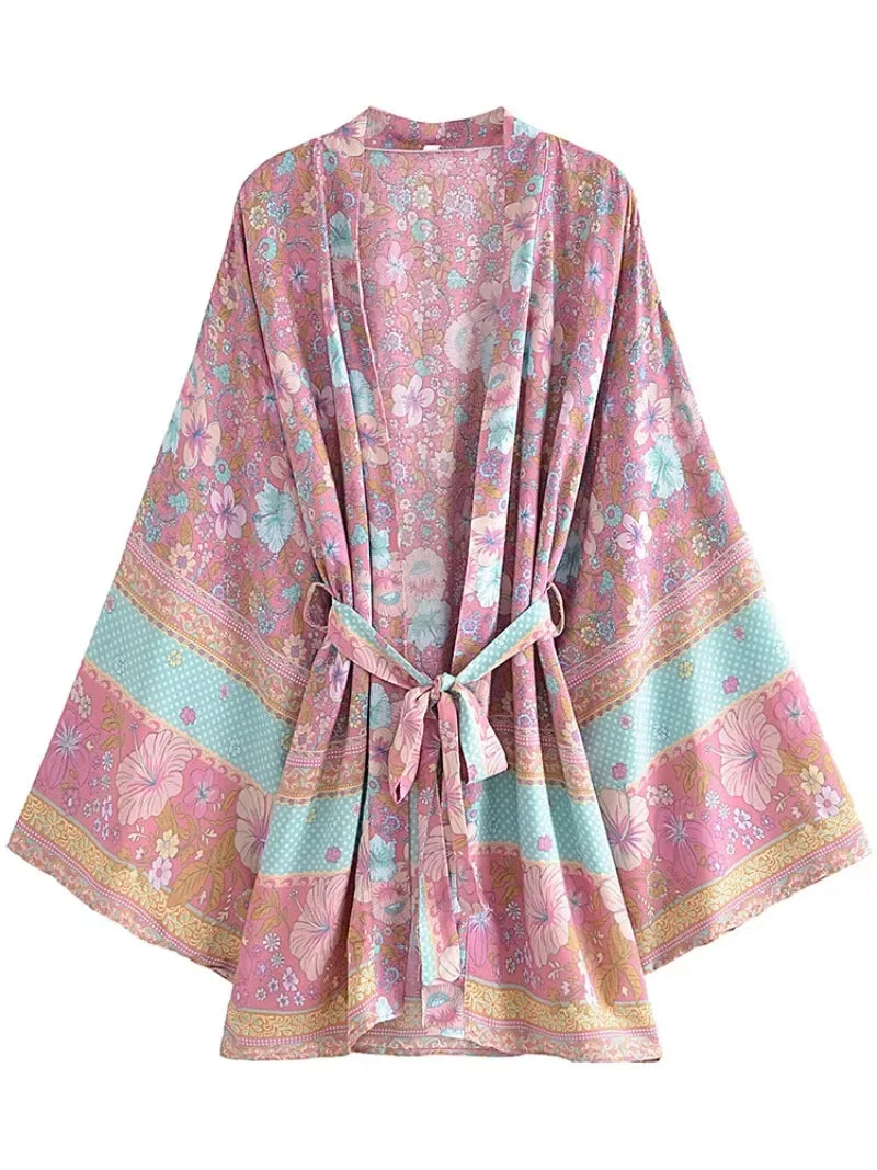 Hibiscus Bliss Boho Floral Print Short Robe