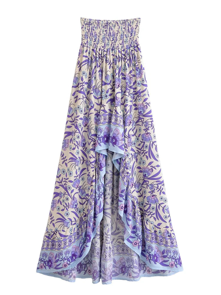Lavender Bliss Boho Floral Print High-Low Maxi Skirt