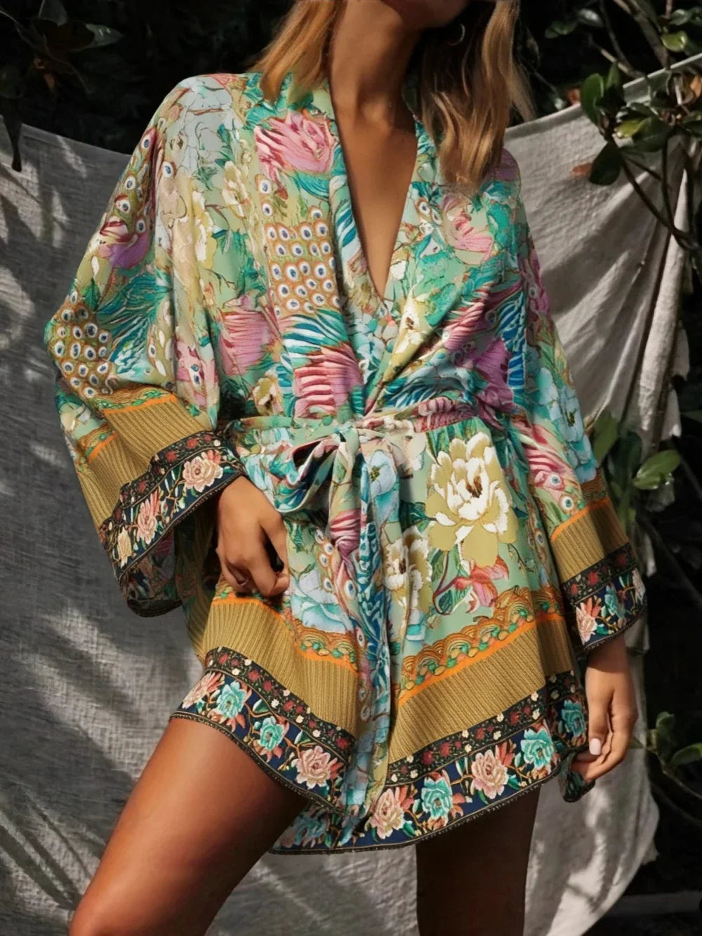Jade Peacock Boho Floral Print Short Robe