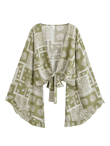 Sage Serenade Boho Floral Print Long Sleeve Crop Top