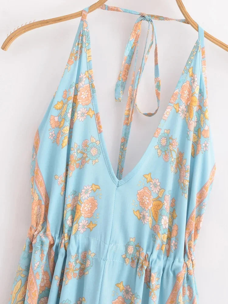 Enchanted Blue Boho Floral Print Maxi Dress