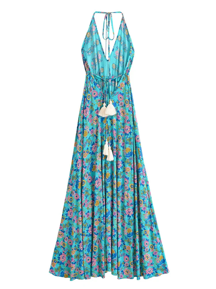 Turquoise Charm Boho Floral Print Maxi Dress