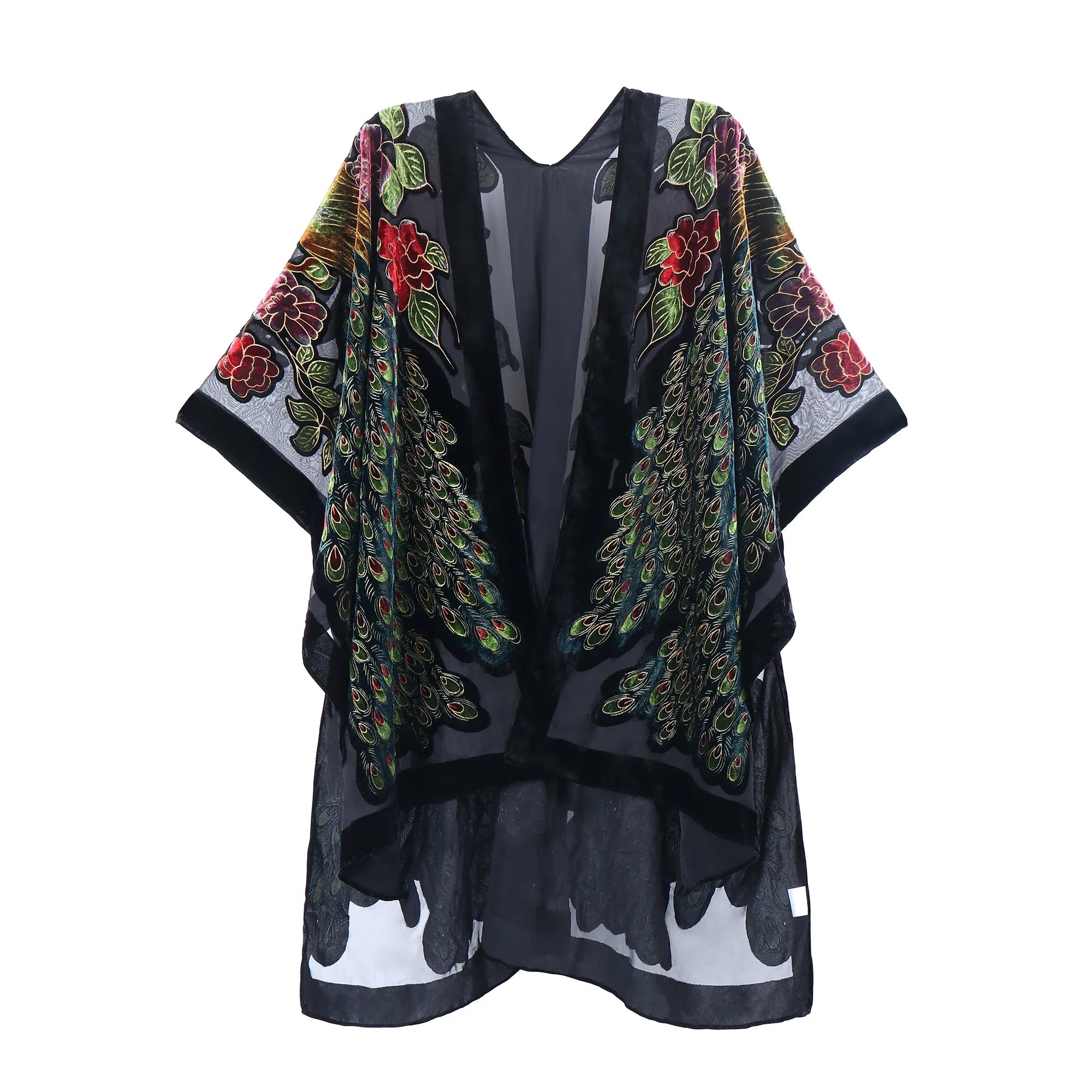 Enchanted Peacock Floral Print Velvet Burnout Kimono