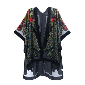 Enchanted Peacock Floral Print Velvet Burnout Kimono
