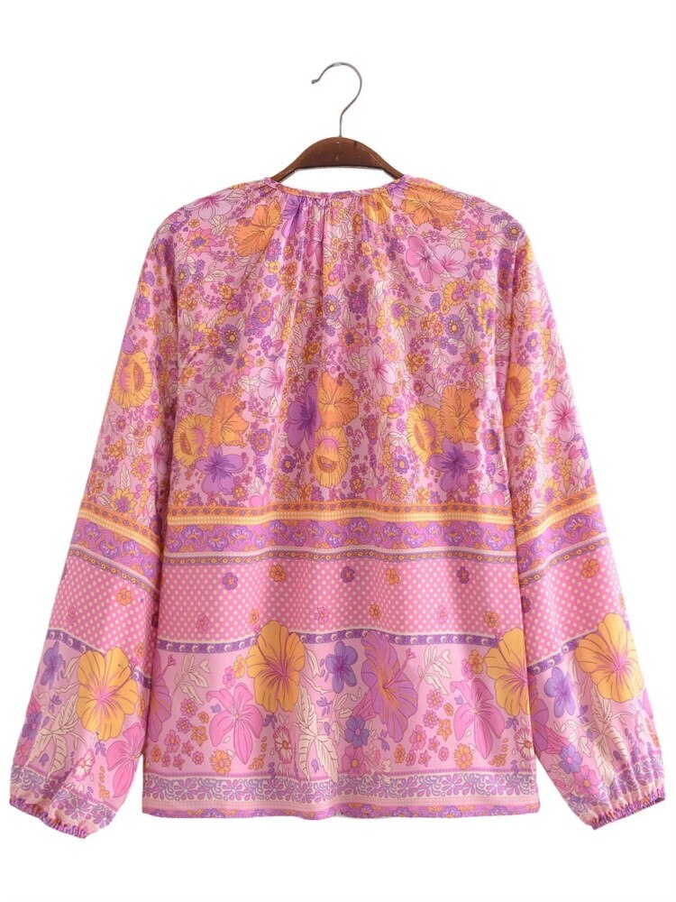 Pink Hibiscus Boho Floral Print Long Sleeve Blouse