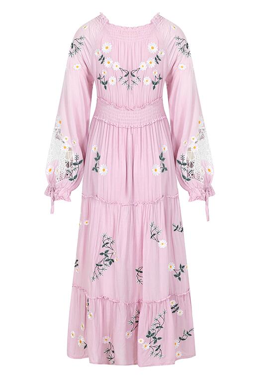 Pink Lilac Blossom Floral Embroidered Maxi Dress