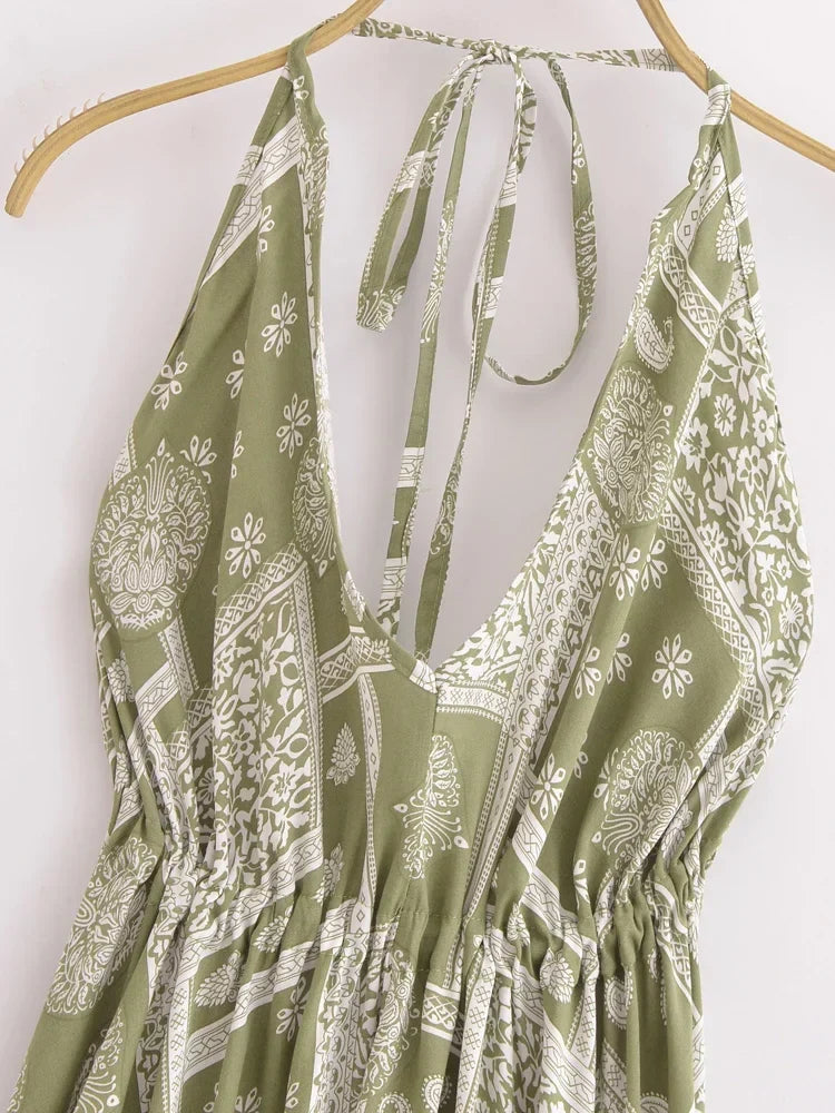 Mystic Moss Boho Floral Print Maxi Dress