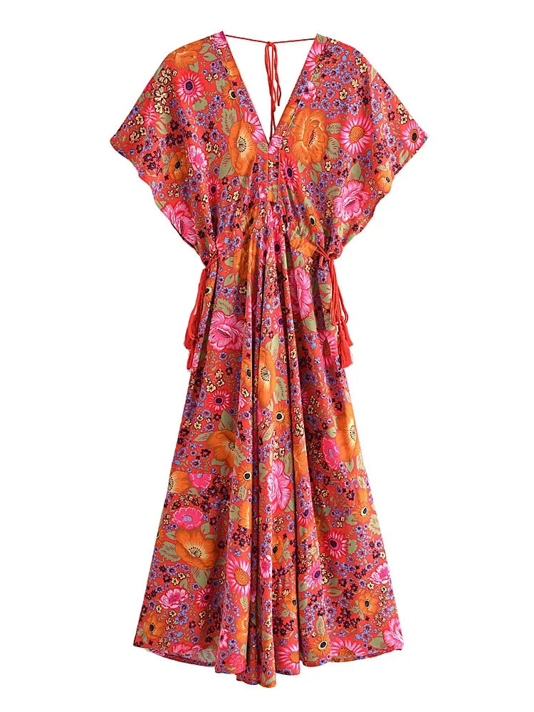 Calypso Berry Floral Boho Floral Print Midi Dress