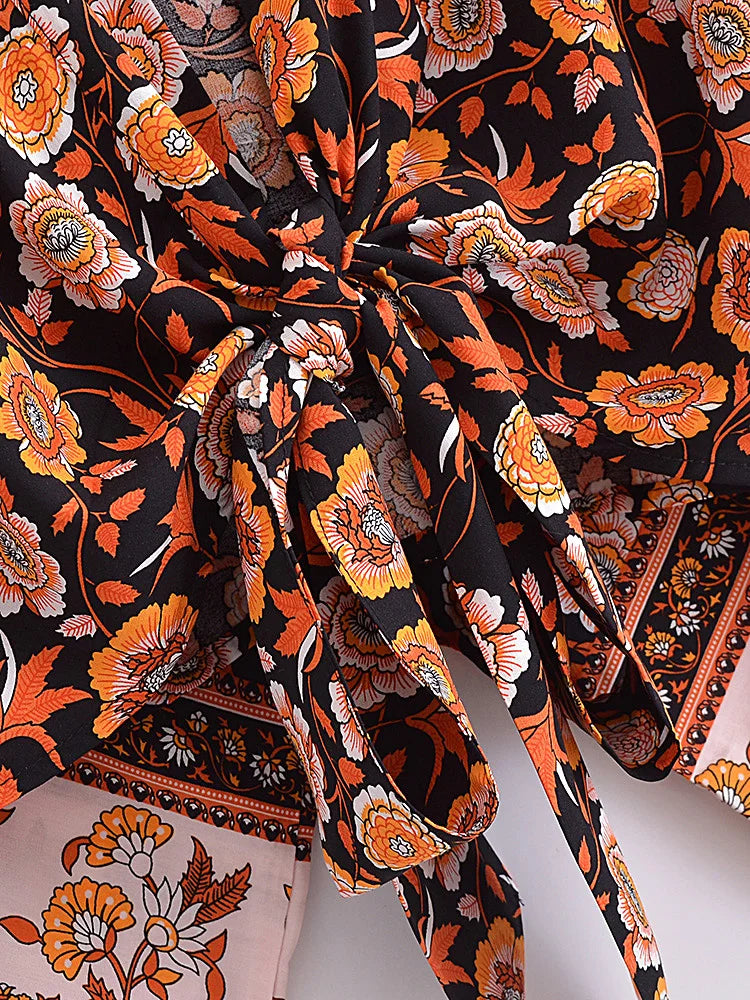 Midnight Marigold Boho Floral Print Crop Top