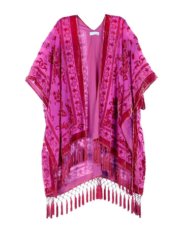 Fuchsia Bloom Floral Print Velvet Burnout Kimono