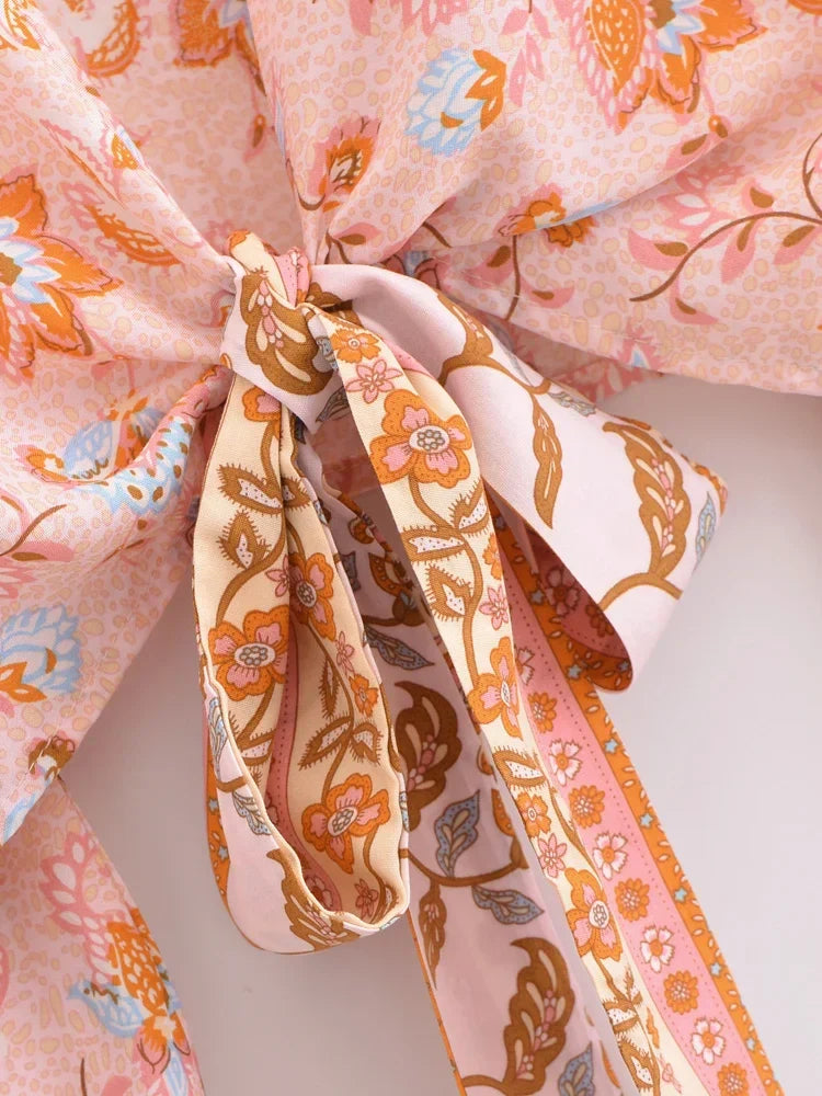 Sunset Glow Boho Floral Print Long Sleeve Crop Top