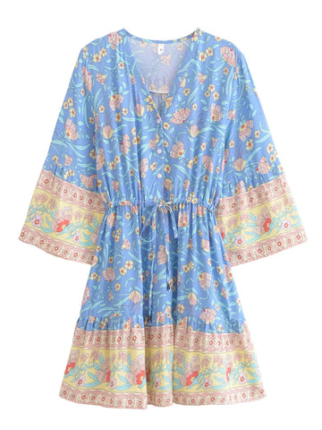 Sweetly Blooming Blue Boho Floral Print Mini Dress