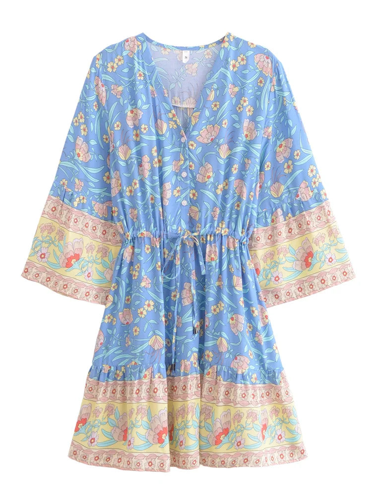 Sweetly Blooming Blue Boho Floral Print Mini Dress