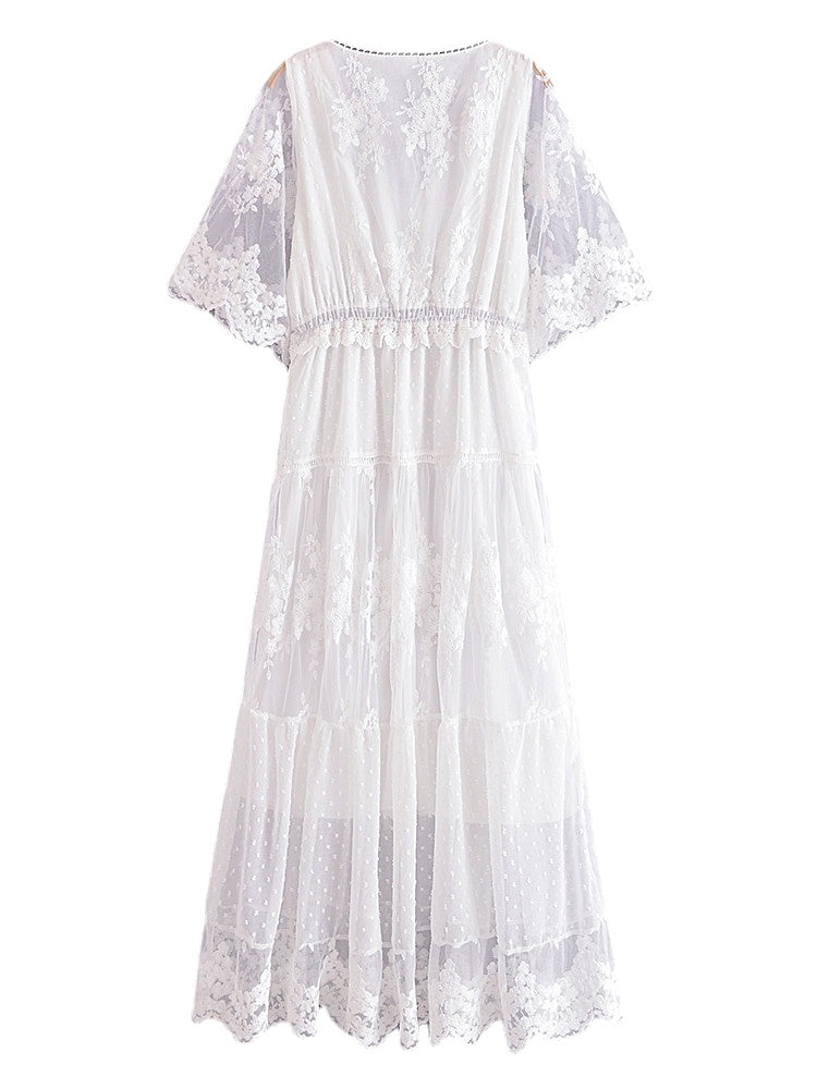 Romantic White Lace Boho Floral Maxi Dress