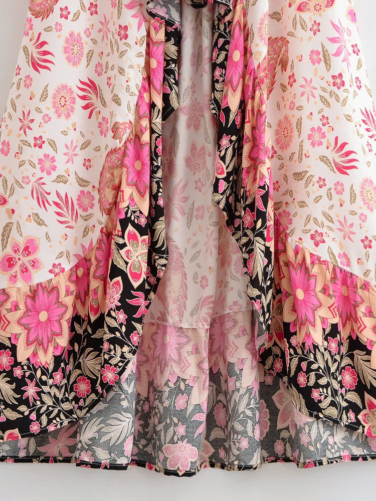 Cherished Bloom Boho Floral Print High-Low Maxi Skirt