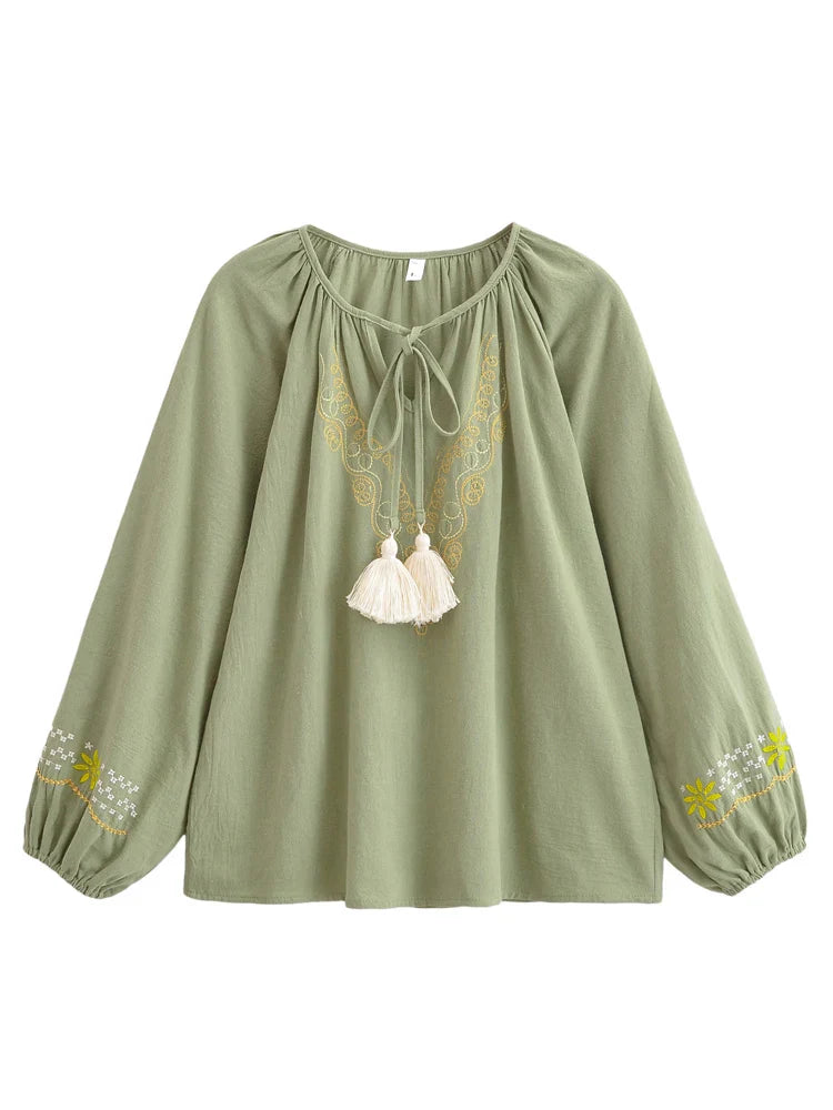 Moss Sage Floral Embroidered Long Sleeve Blouse