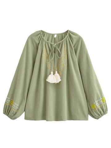 Moss Sage Floral Embroidered Long Sleeve Blouse
