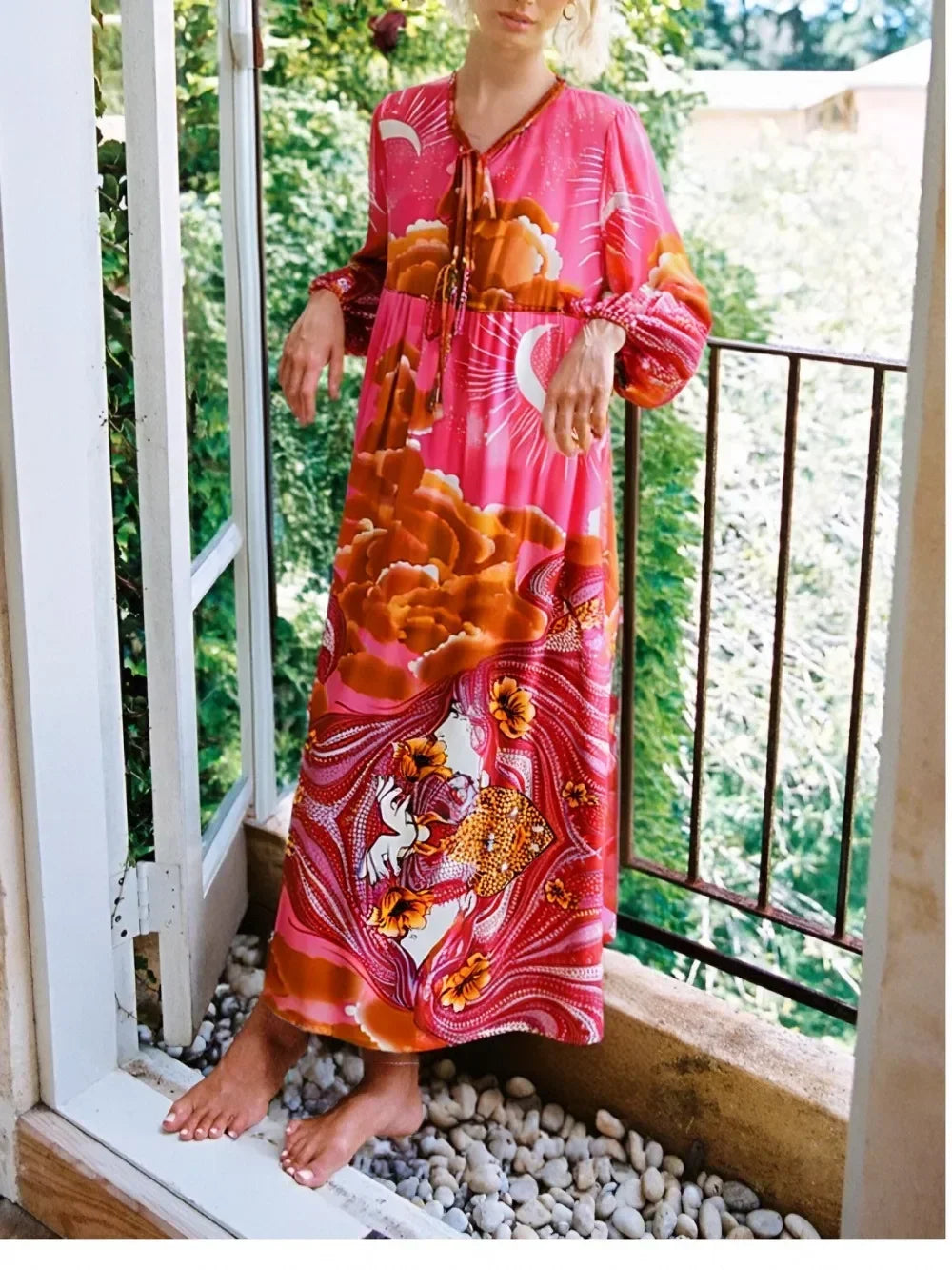 Moonstruck Pink Boho Floral Print Long Sleeve Maxi Dress