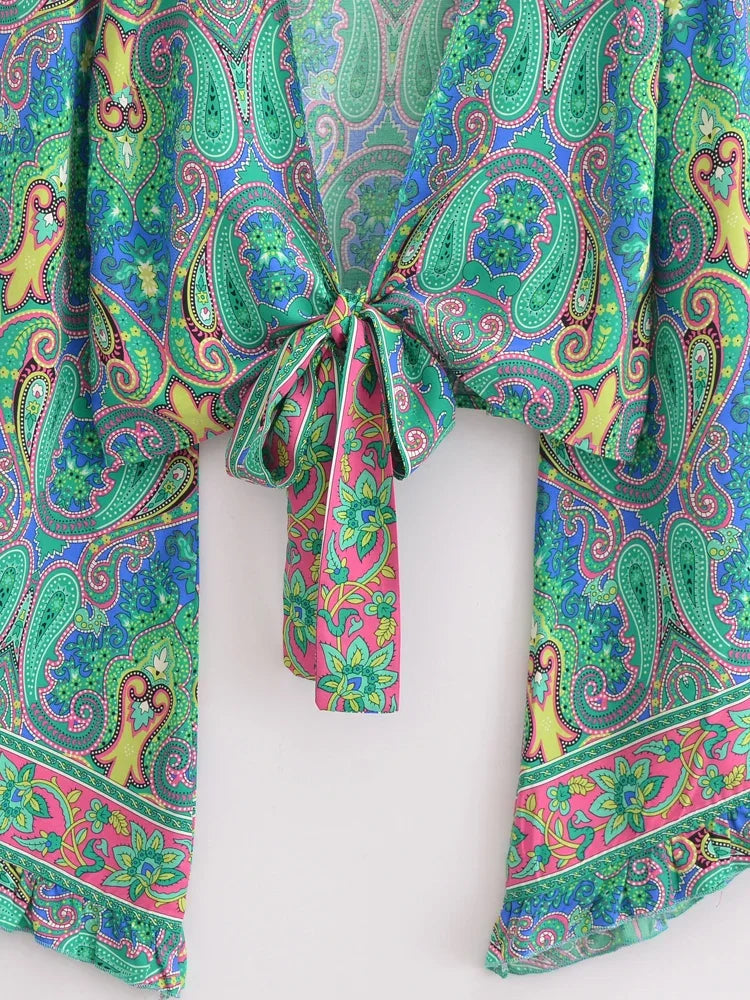 Mystic Green Boho Paisley Print Long Sleeve Crop Top