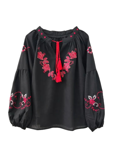 Black Haven Floral Embroidered Long Sleeve Blouse