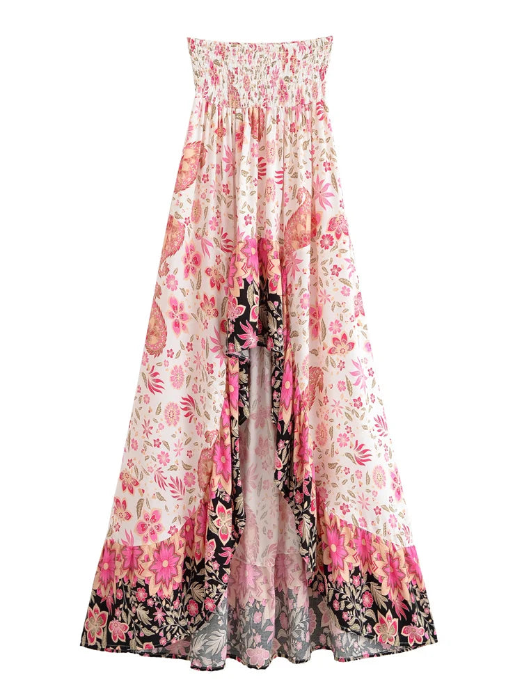Cherished Bloom Boho Floral Print High-Low Maxi Skirt