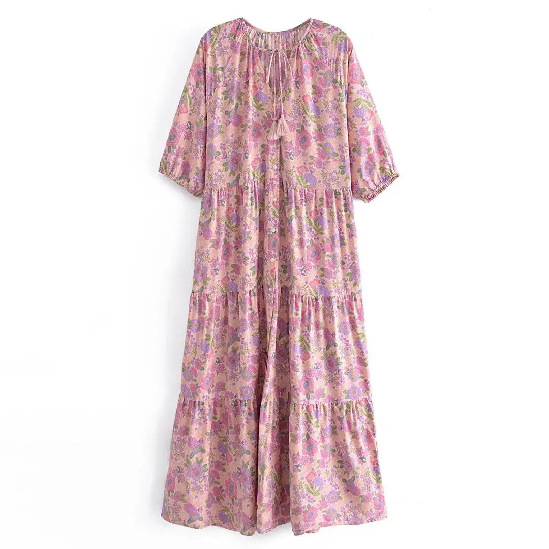Blush Blossom Boho Floral Print Maxi Dress