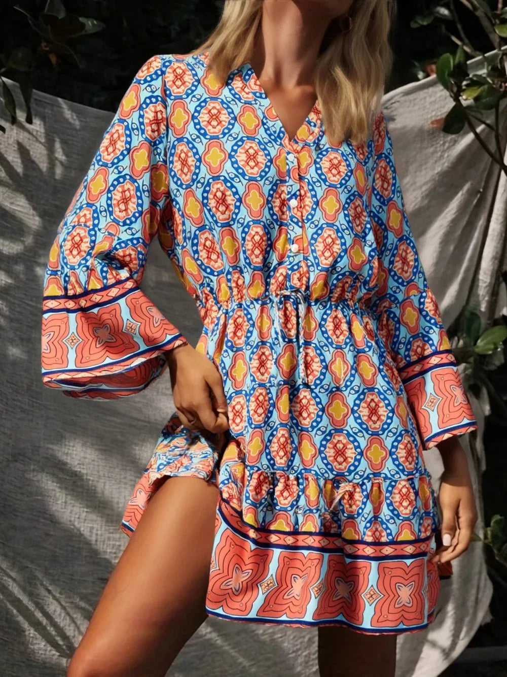 Blue Daze Boho Floral Print Long Sleeve Mini Dress